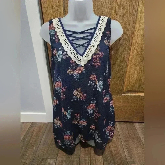 Maurices Tops - Maurice’s Shirt Top Women’s Large Loose Fit Navy Blue Floral Sleeveless Tank Top